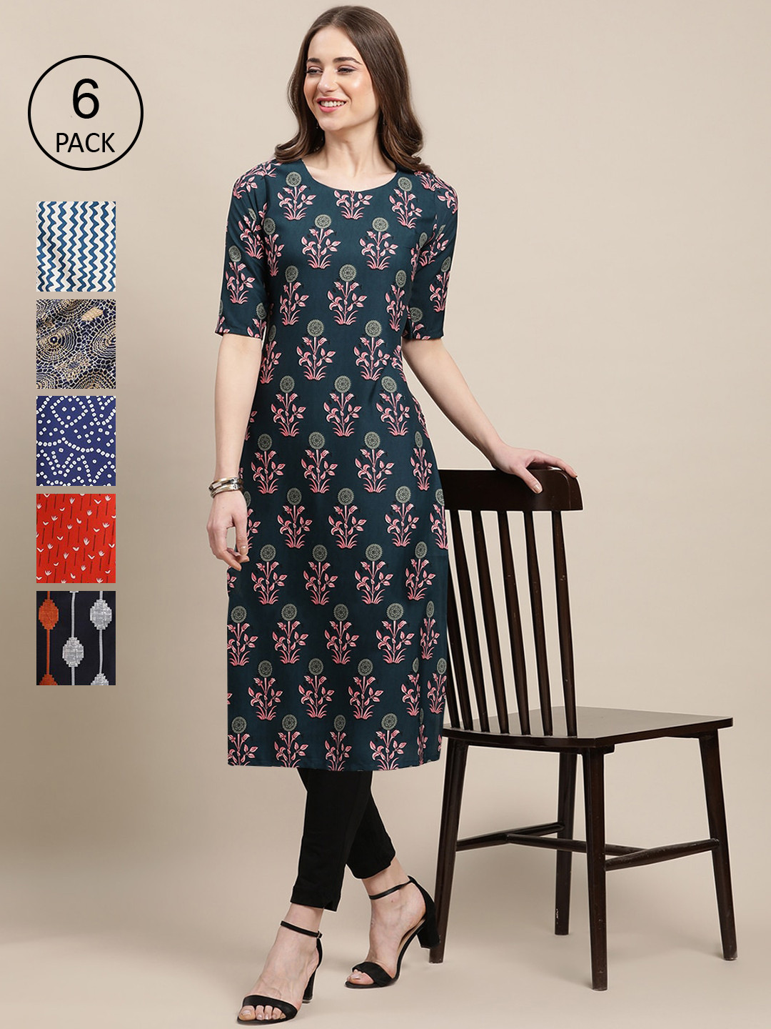 7Threads Women Pack Of 6 Block Print Crepe Kurtas