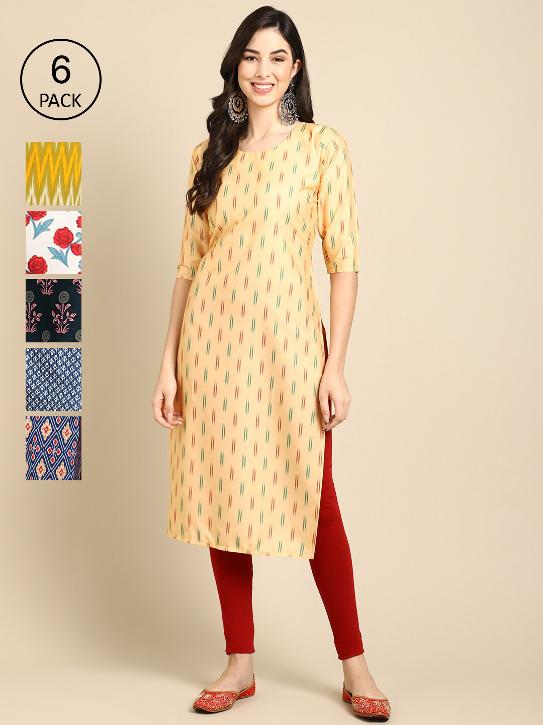 7Threads Women Pack of 6 Yellow & Red Digital Printed Straight Kurta