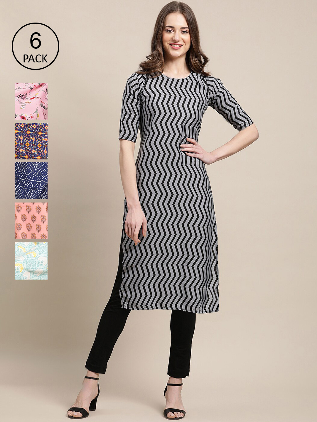 7Threads Women Grey Blue Green Floral Printed Thread Work Block Print Crepe Kurta