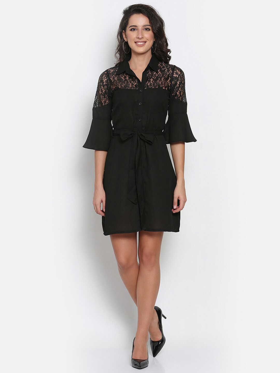 MARC LOUIS Black Georgette Formal Shirt Dress