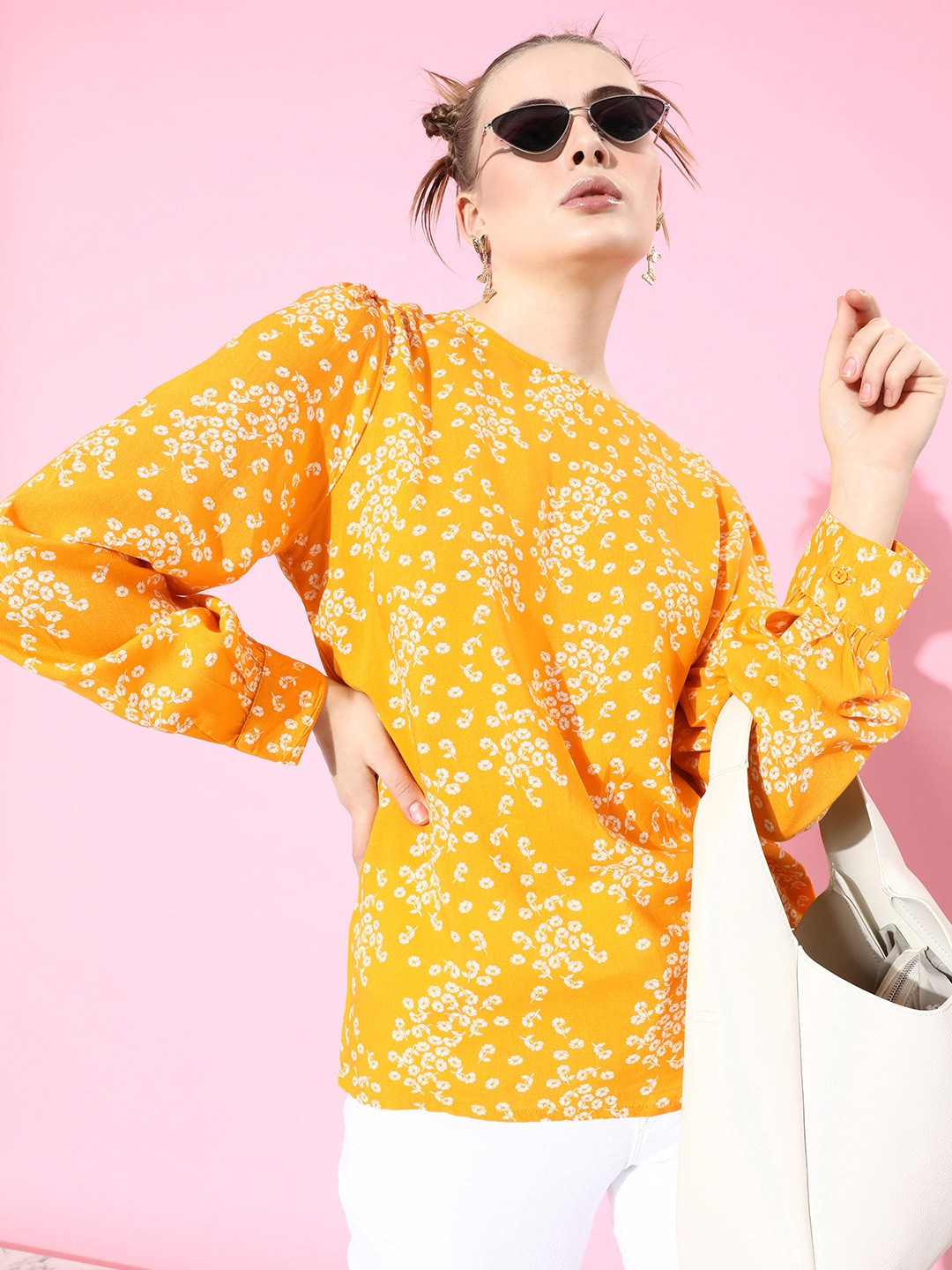 M&H Our Water Round Neck Floral Print Cuffed Sleeves Top