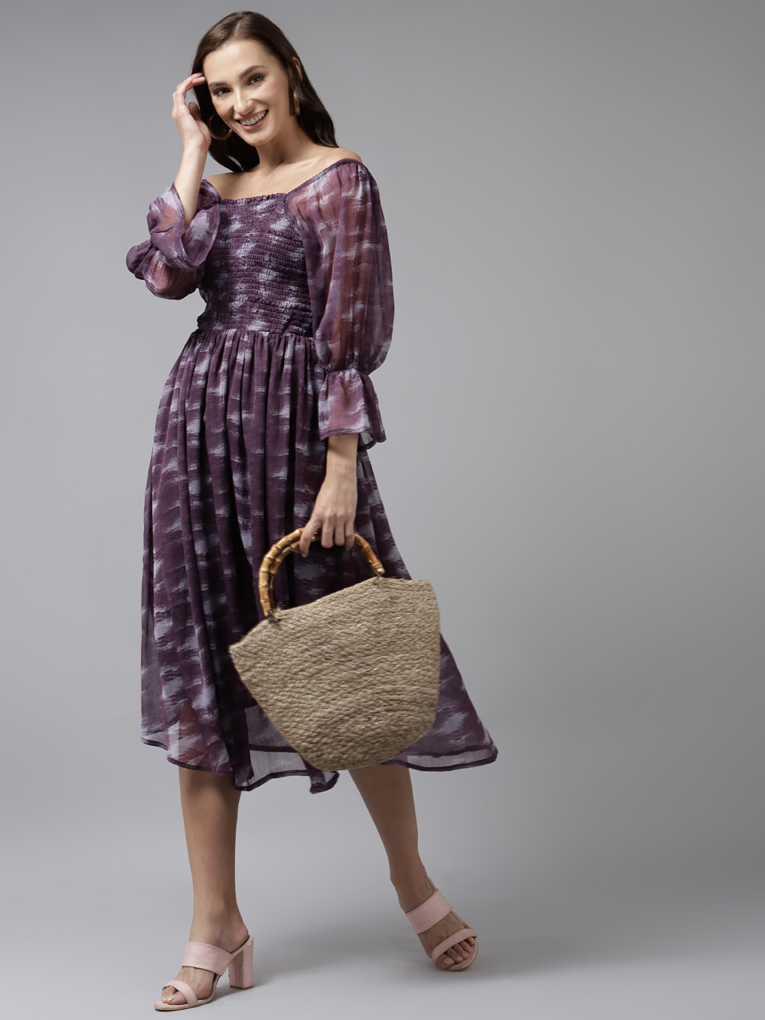 Aarika Purple & Grey Off-Shoulder Midi Dress