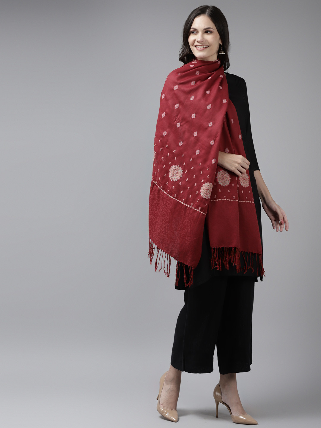 Cayman Women Maroon & Beige Woven Design Woollen Winter Stole