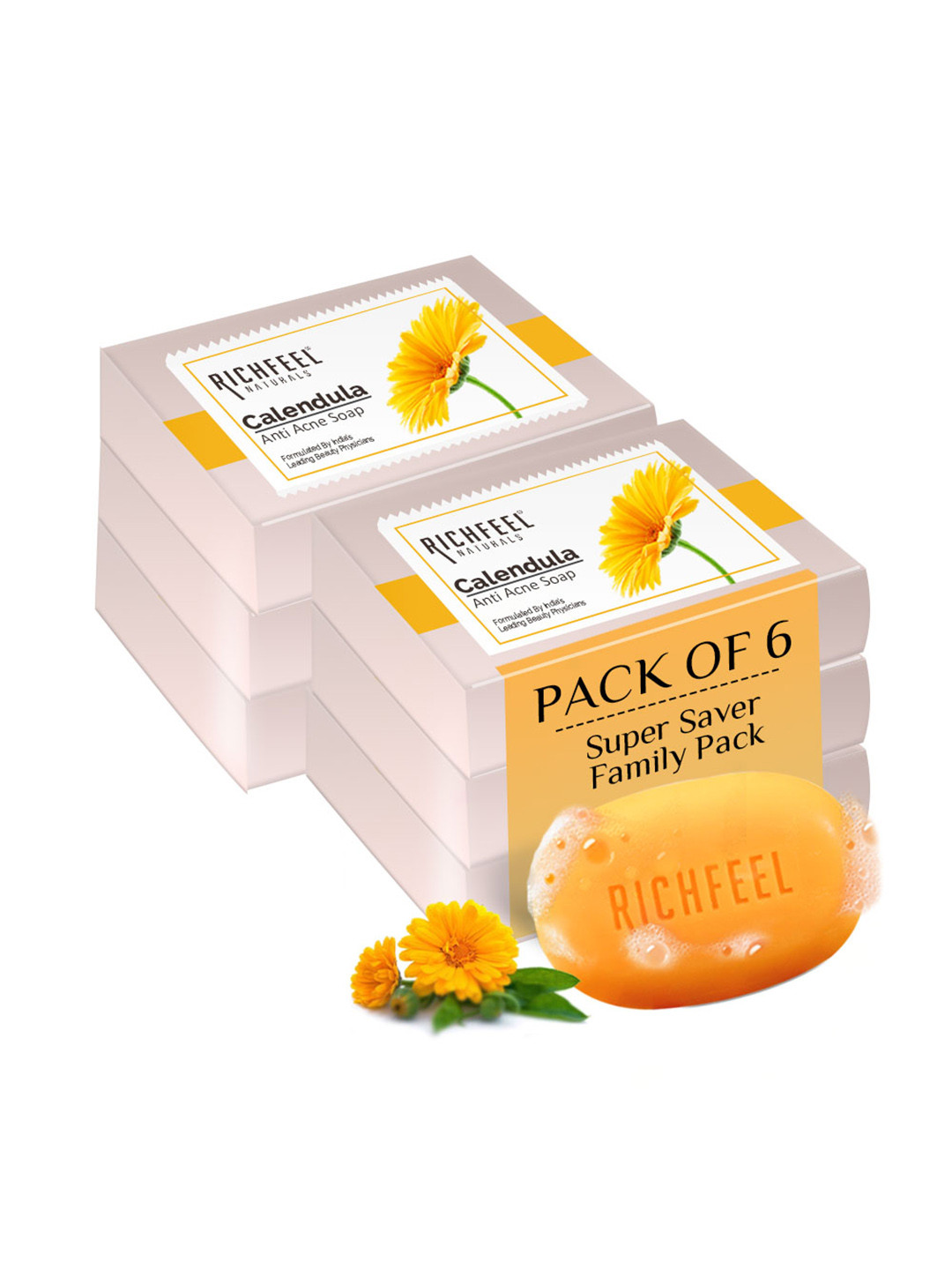 Richfeel Set Of 6 Cruelty-Free Calendula Anti-Acne Soap - 75g Each