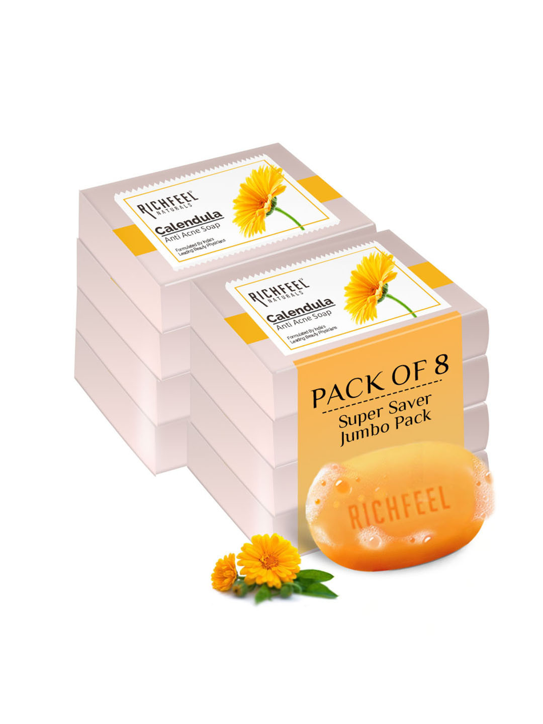 Richfeel Set of 8 Calendula Anti-Acne Soaps - 75 g Each