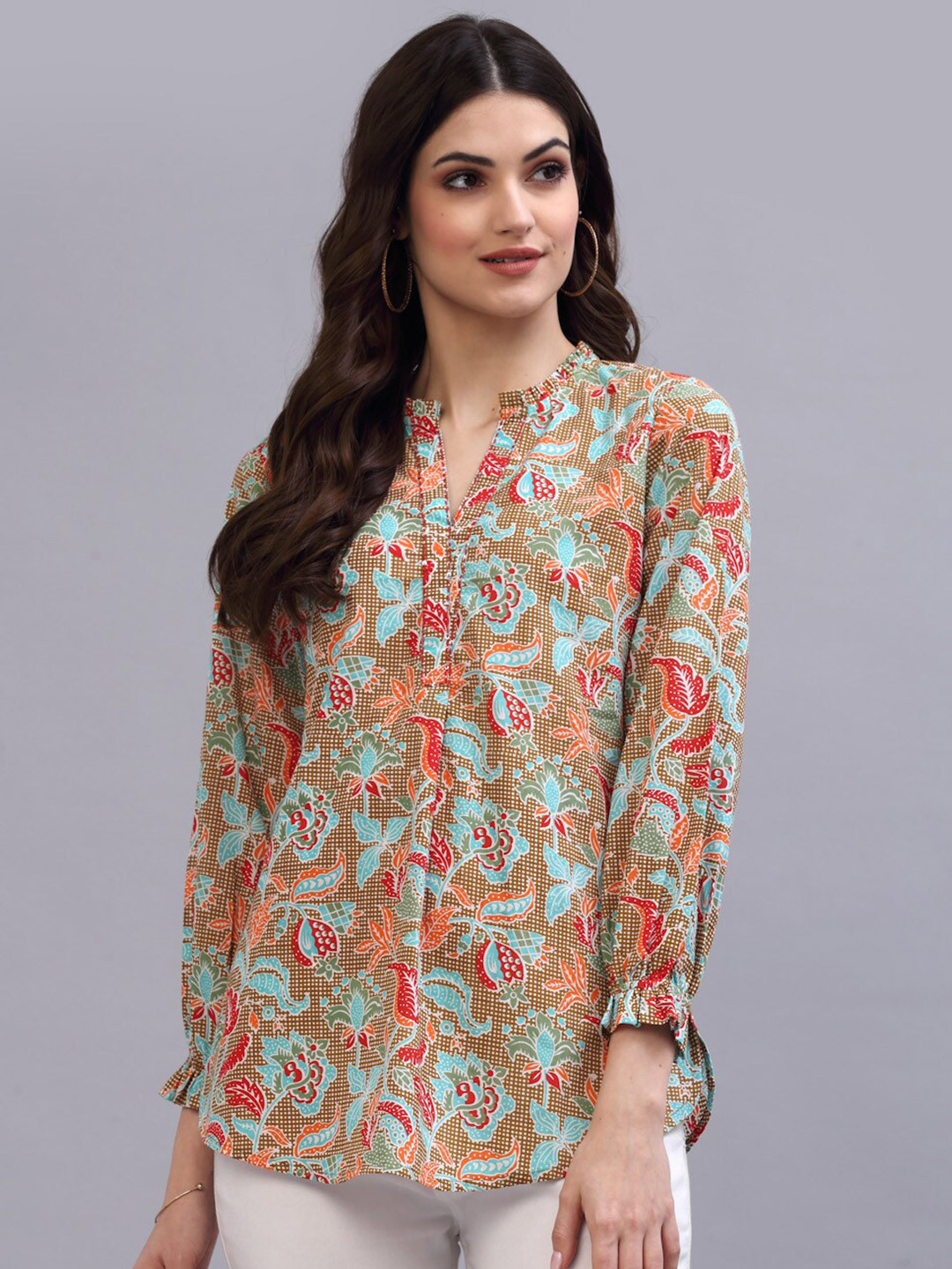 QOMN Women Khaki Printed Mandarin Collar Ruffles Shirt Style Top