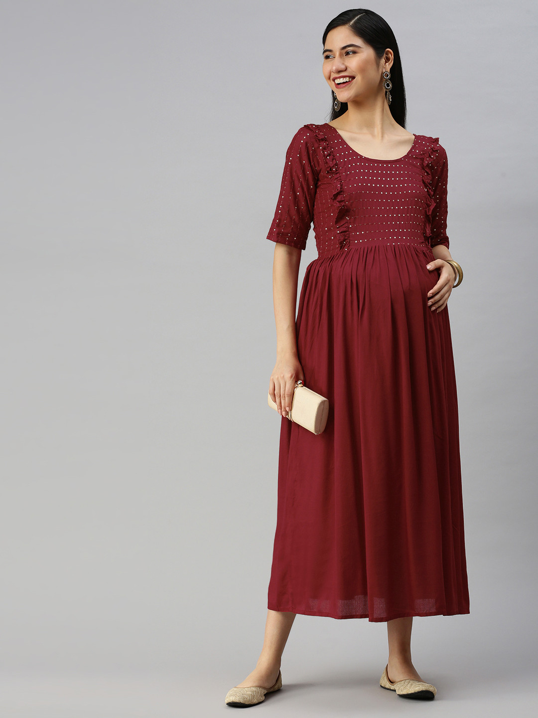 Swishchick Maroon Ethnic Motifs Maternity A-Line Midi Dress