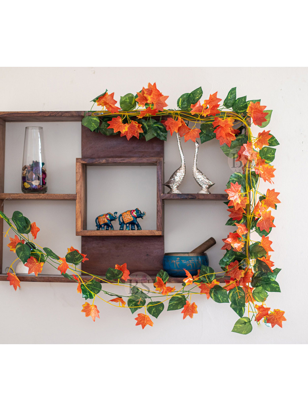 BS AMOR Set Of 12 Green & Orange Creeper Wall Hanging  Artificial Flowers and Plants