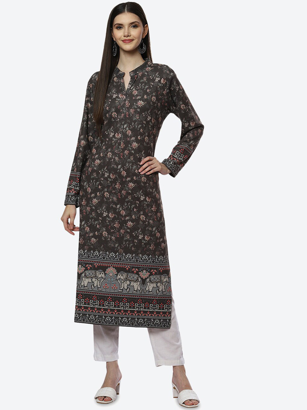 Biba Women Brown Floral Regular Sleeves Kurta