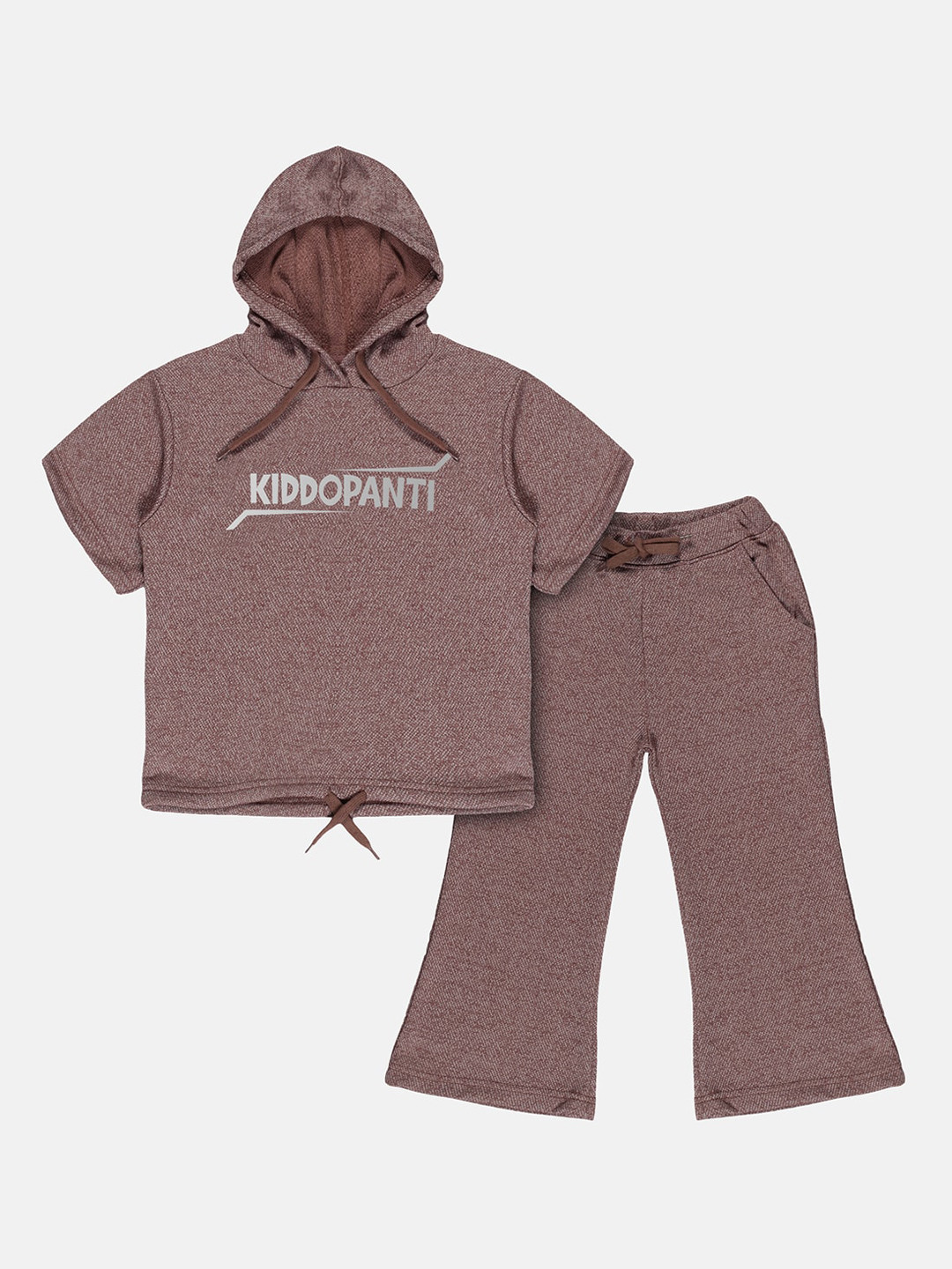 KiddoPanti Girls Brown Printed Pure Cotton T-shirt