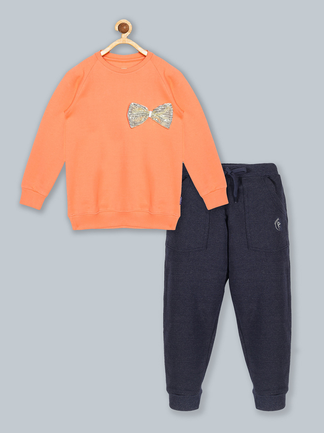 KiddoPanti Girls Peach-Coloured & Navy Blue Pure Cotton T-shirt