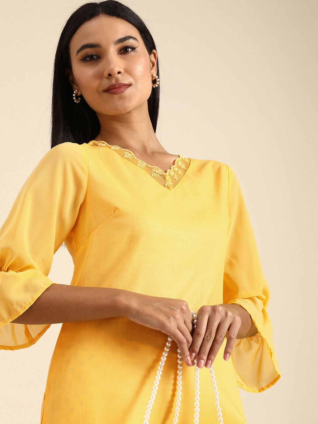Anouk Women Yellow Bell Sleeves Kurta