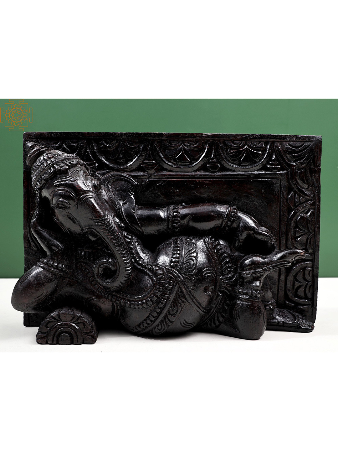 Exotic India Relaxing Ganesha Wood Ethnic Motifs Glossy Spiritual Wall Decor-2.5In