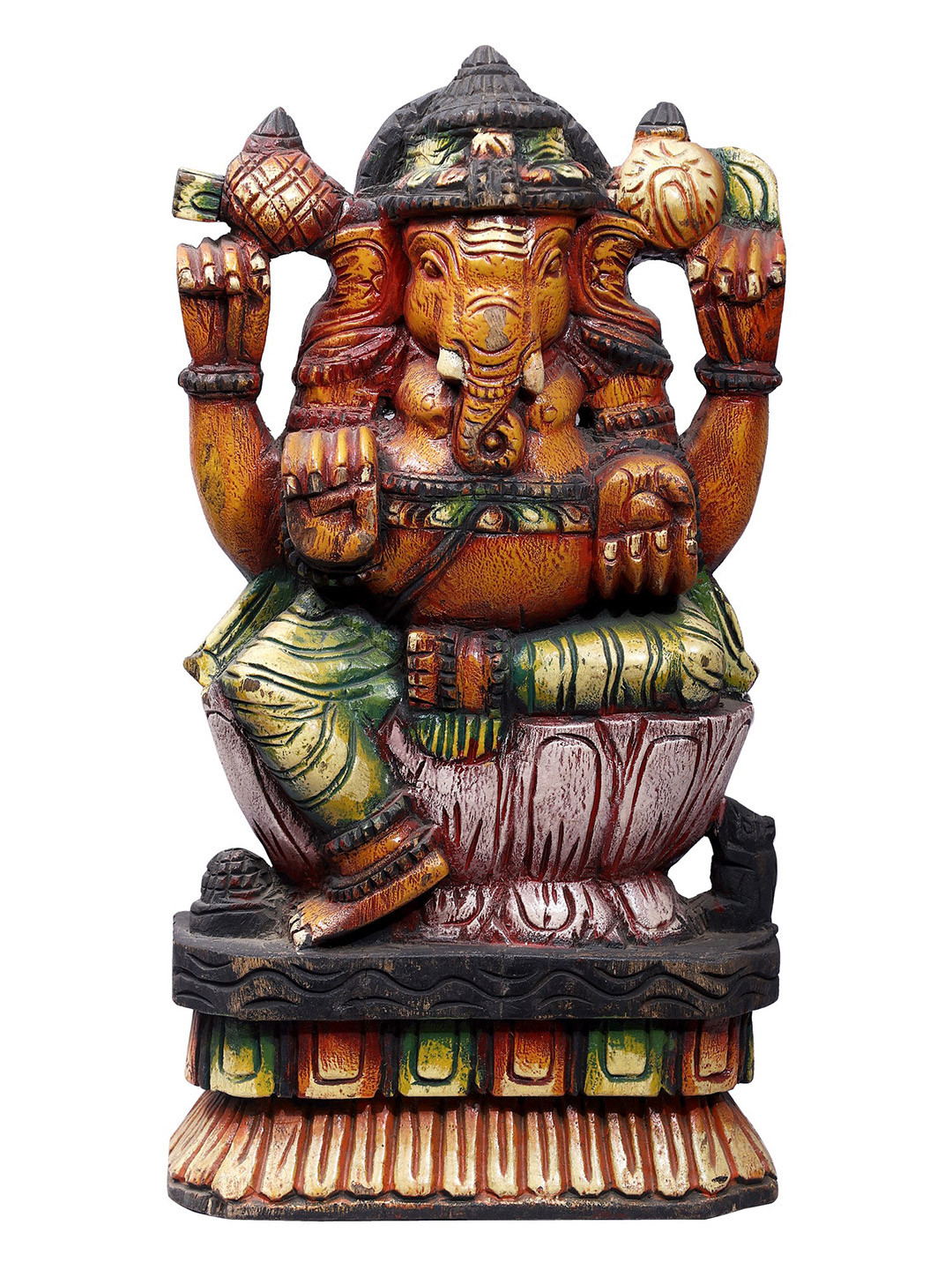 Exotic India Chaturbhuja Lord Ganapati Seated on Lotus Wood Spiritual Wall Decor-16.9In