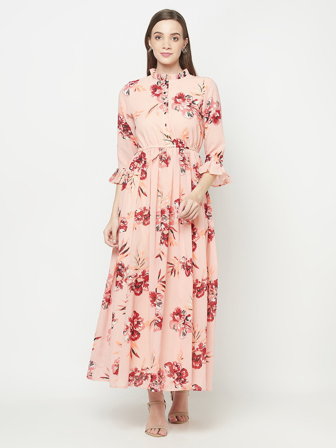 Purple State Peach-Coloured Floral Maxi Dress