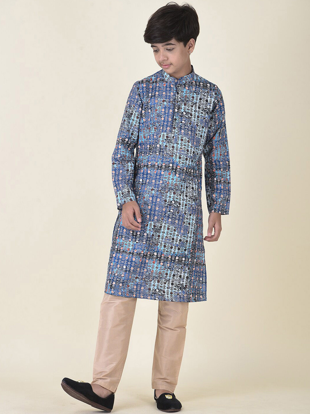 TABARD Boys Blue Ethnic Motifs Printed Pure Cotton Kurta With Pyjama
