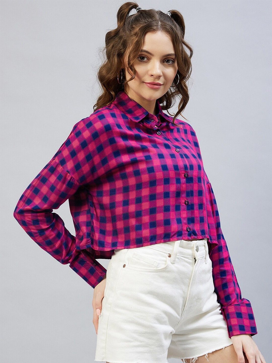 CHIMPAAANZEE Women Pink Oversized Checked Casual Shirt