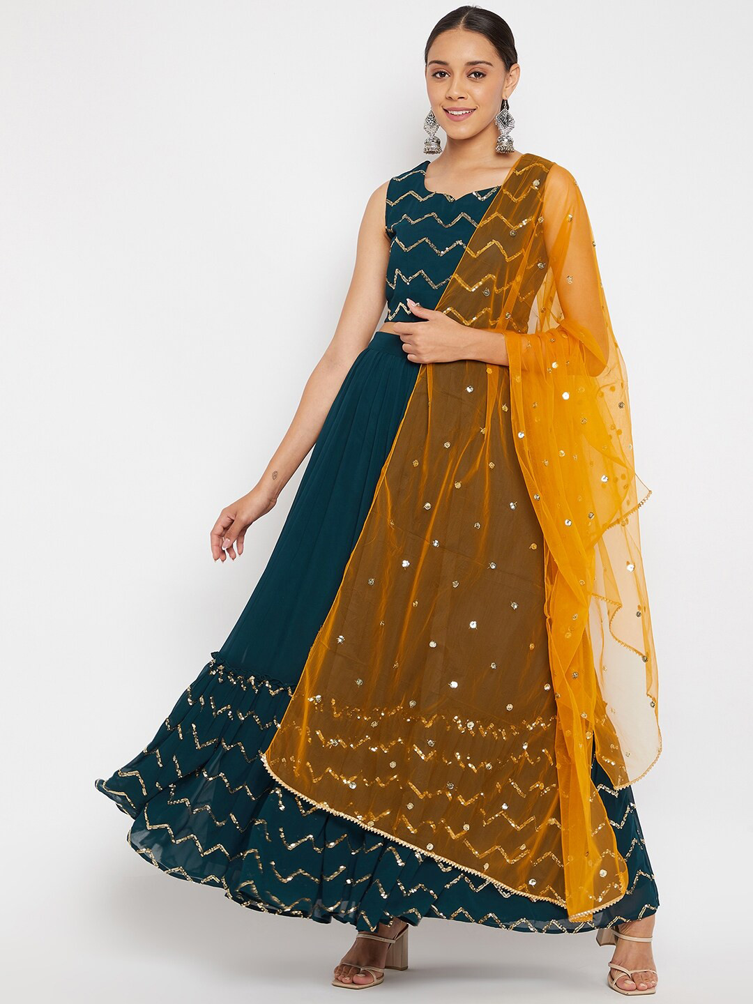 PANIT Green & Orange Embellished Sequinned Ready to Wear Lehenga & Blouse With Dupatta