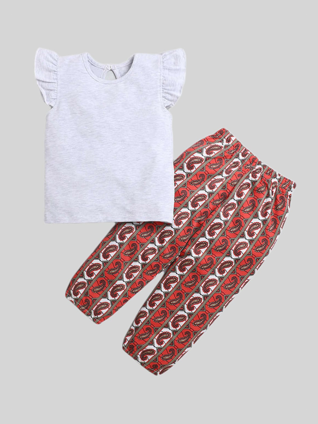 The Magic Wand Girls Grey & Red Solid Top With Printed Trouser