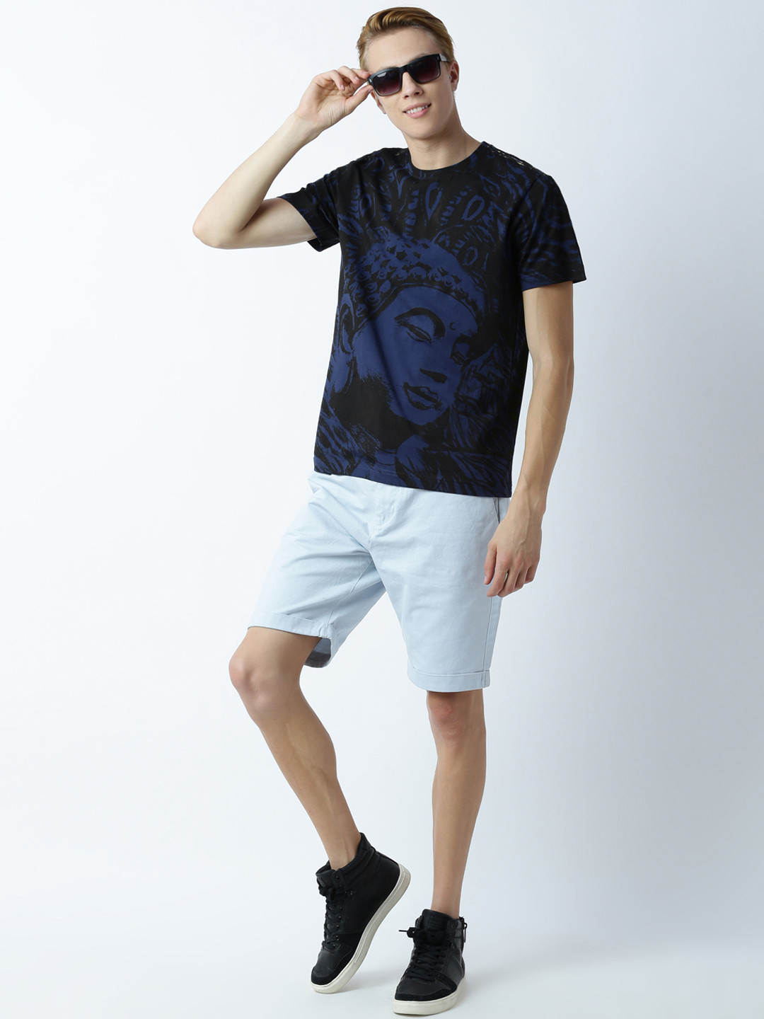Huetrap Men Navy Buddha Print Round Neck T-shirt