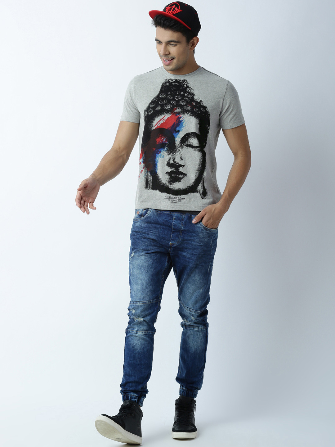 Huetrap Men Grey Melange Buddha Print Round Neck T-shirt