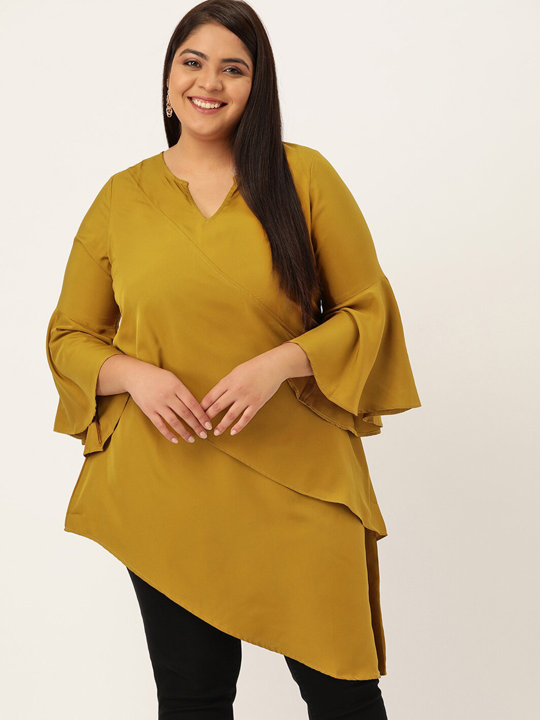 theRebelinme Plus Size Women Mustard Yellow Layered Crepe Longline Top