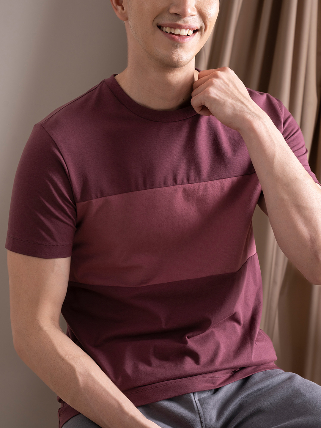 DAMENSCH Maroon Fluid Elemental Colourblocked Regular Fit Tshirt