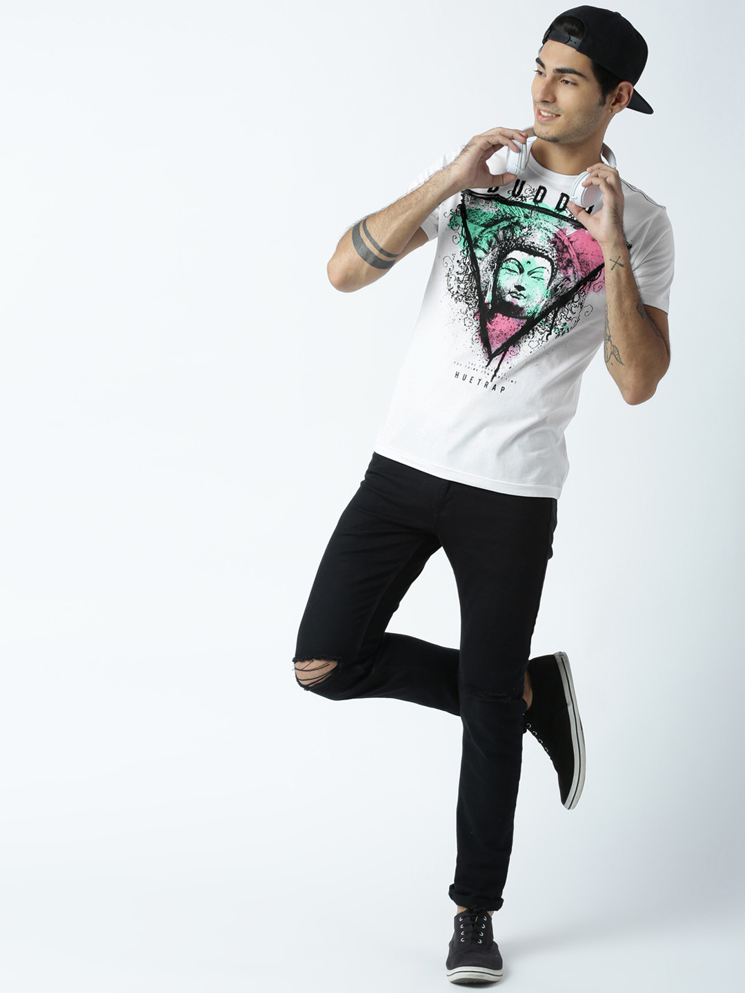 Huetrap Men White Buddha Print Round Neck T-Shirt