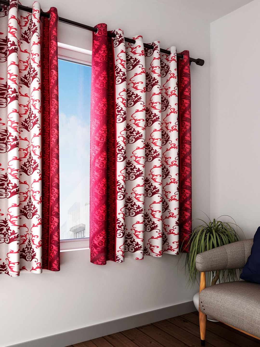 Cortina Off-White & Maroon Set of 2 Ethnic Print  Window Curtains