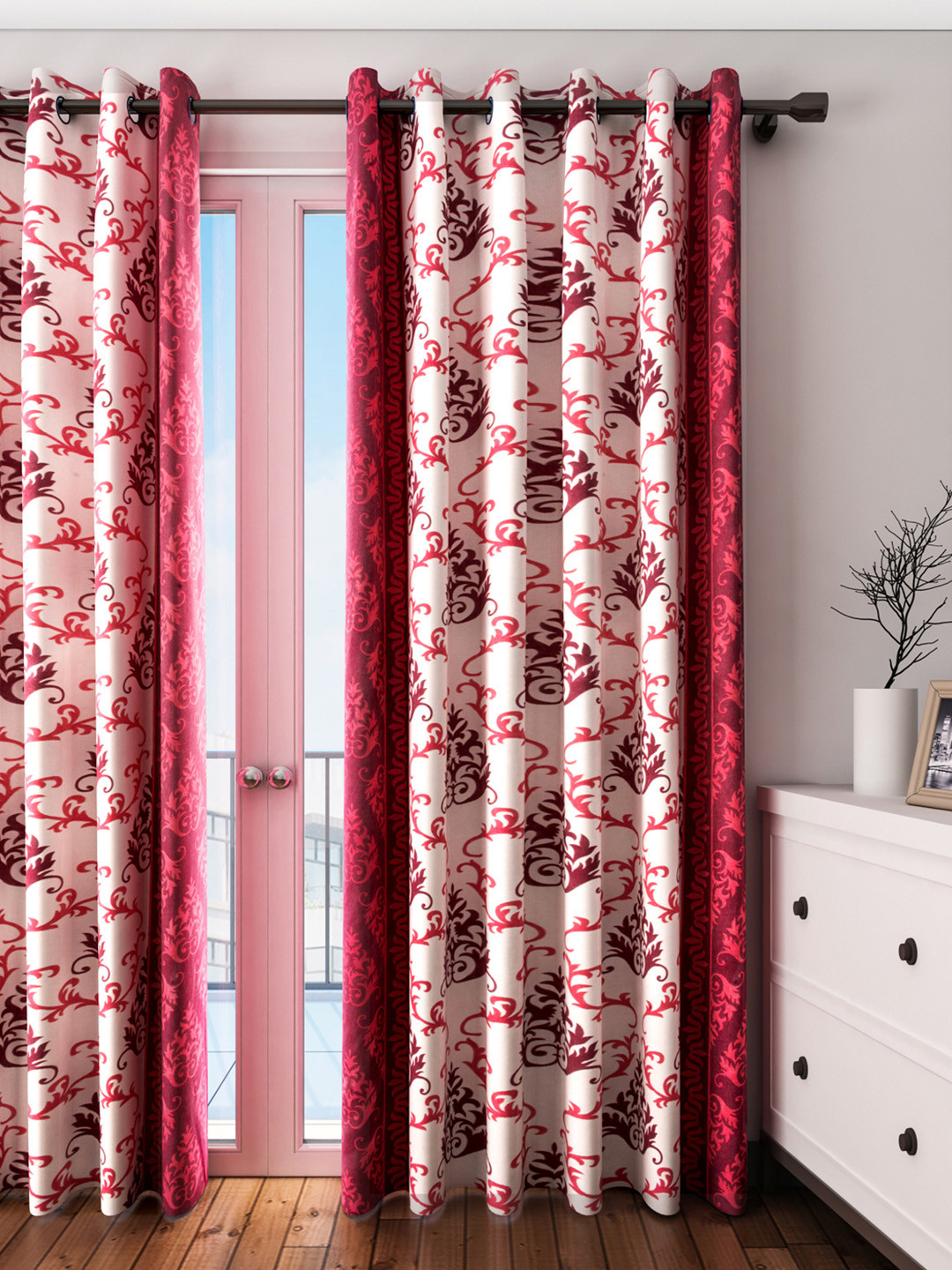 Cortina Off-White & Maroon Set of 2 Ethnic Print  Door Curtains