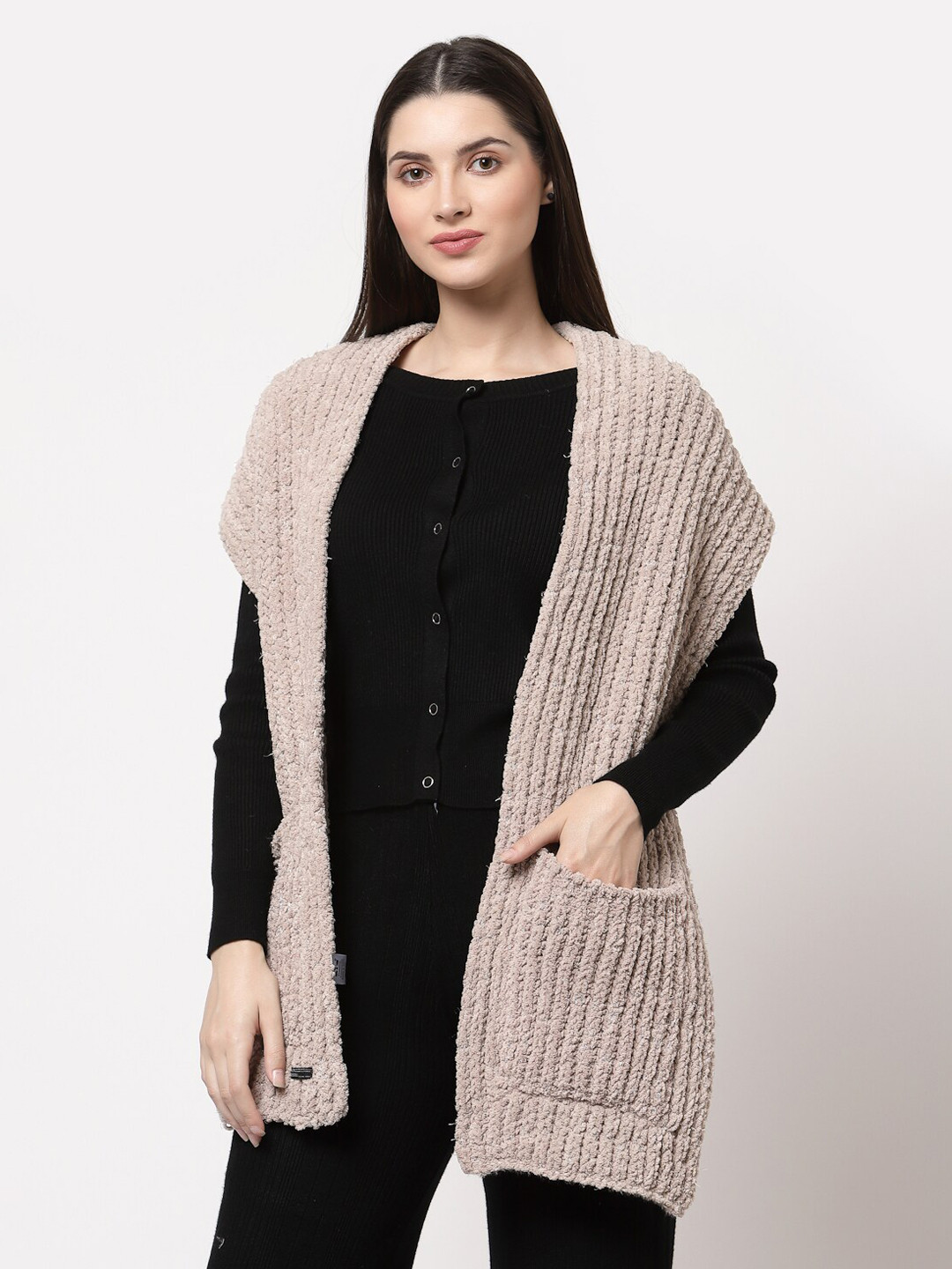 513 Women Beige Colored Solid Knitted Mufflers