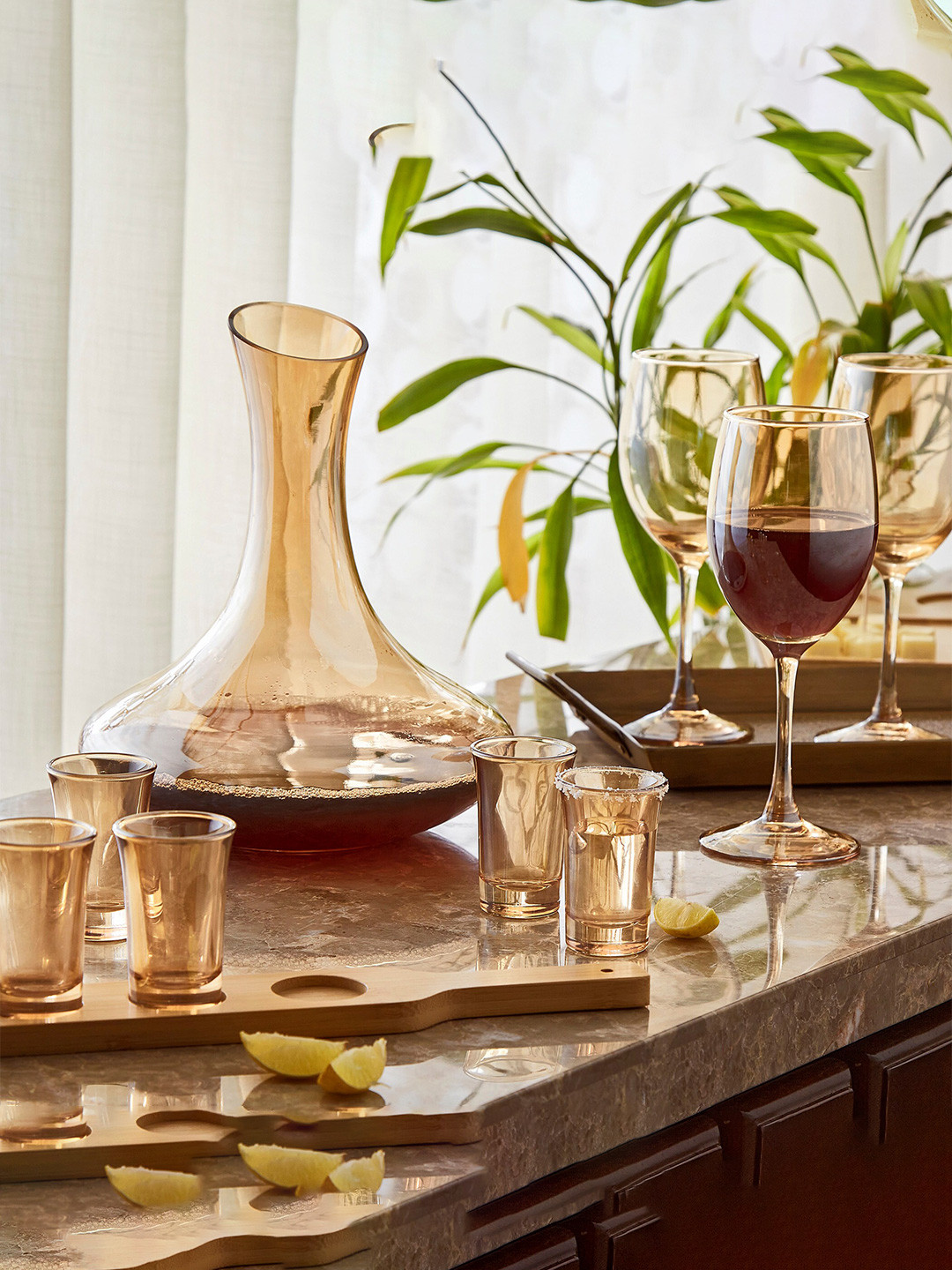 Home Centre Yellow  Set of 6 Shot Glasses With Bamboo Wood Base