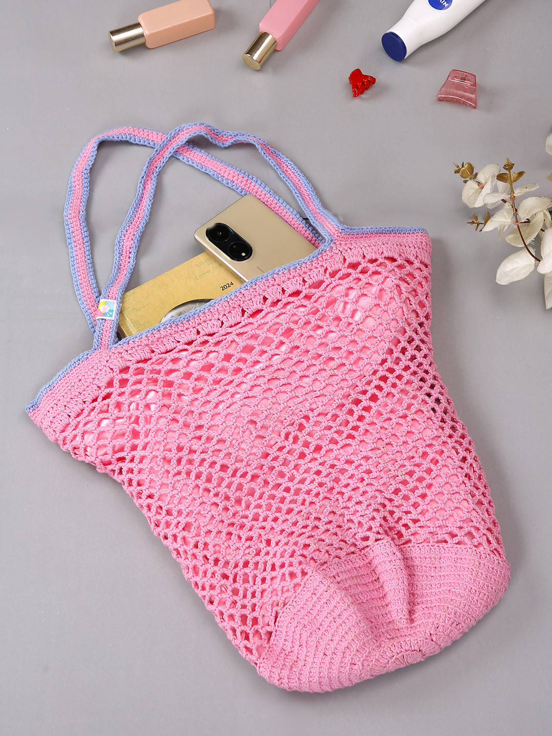 Magic Needles Pink Pure Cotton Netted Shopper Shoulder Bag