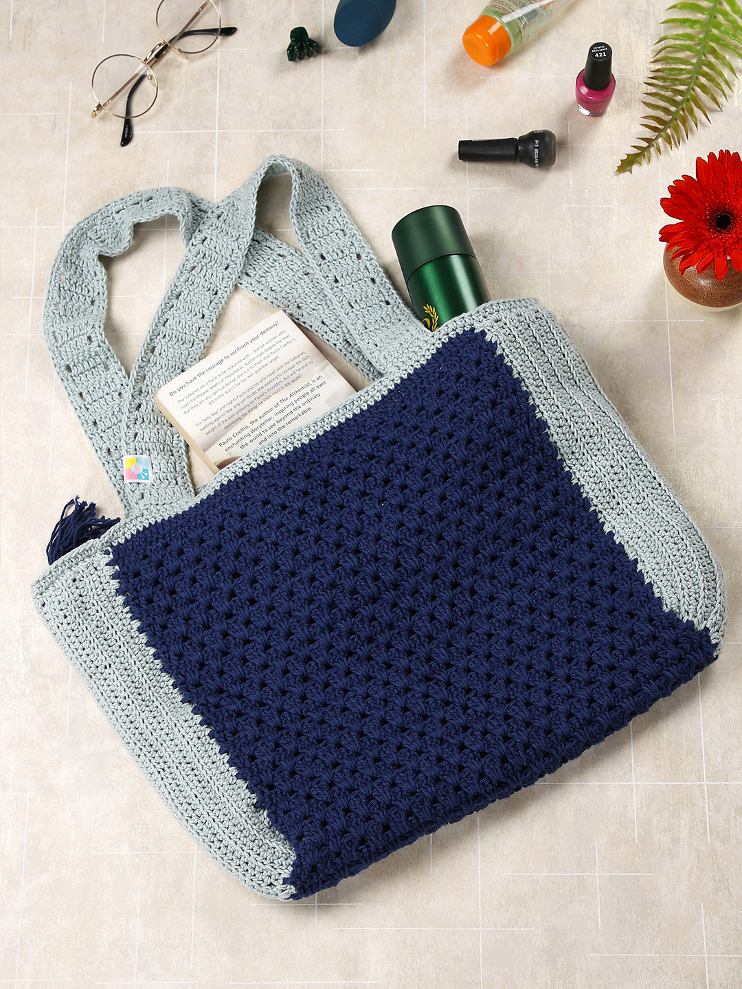 Magic Needles Navy Blue & Grey Melange Oversized Shopper Shoulder Bag