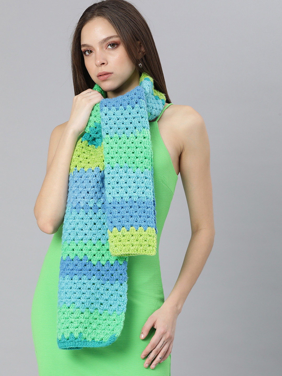 Magic Needles Women Blue & Green Self Design Scarf