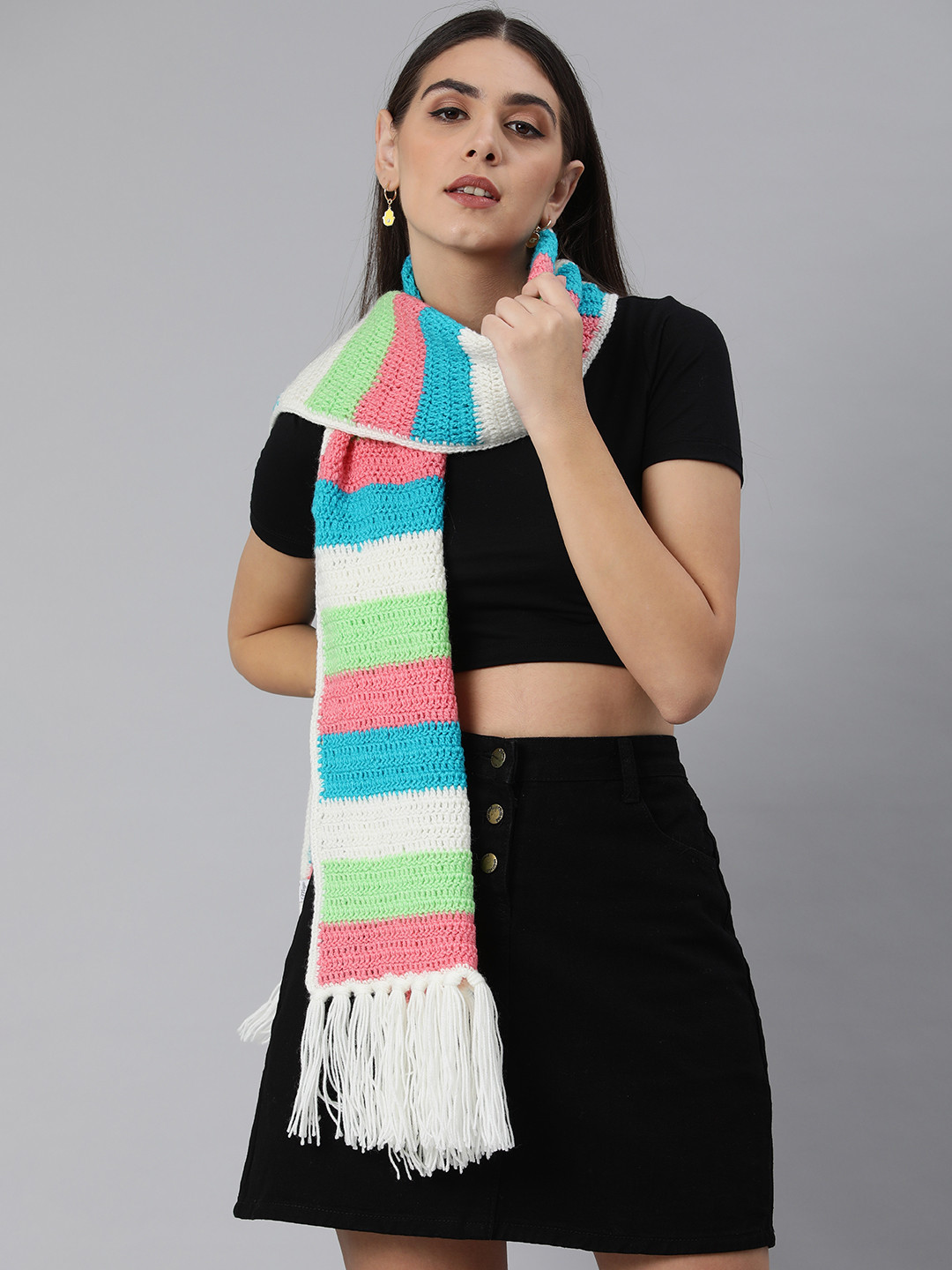 Magic Needles Women White & Blue Striped Crochet Scarf