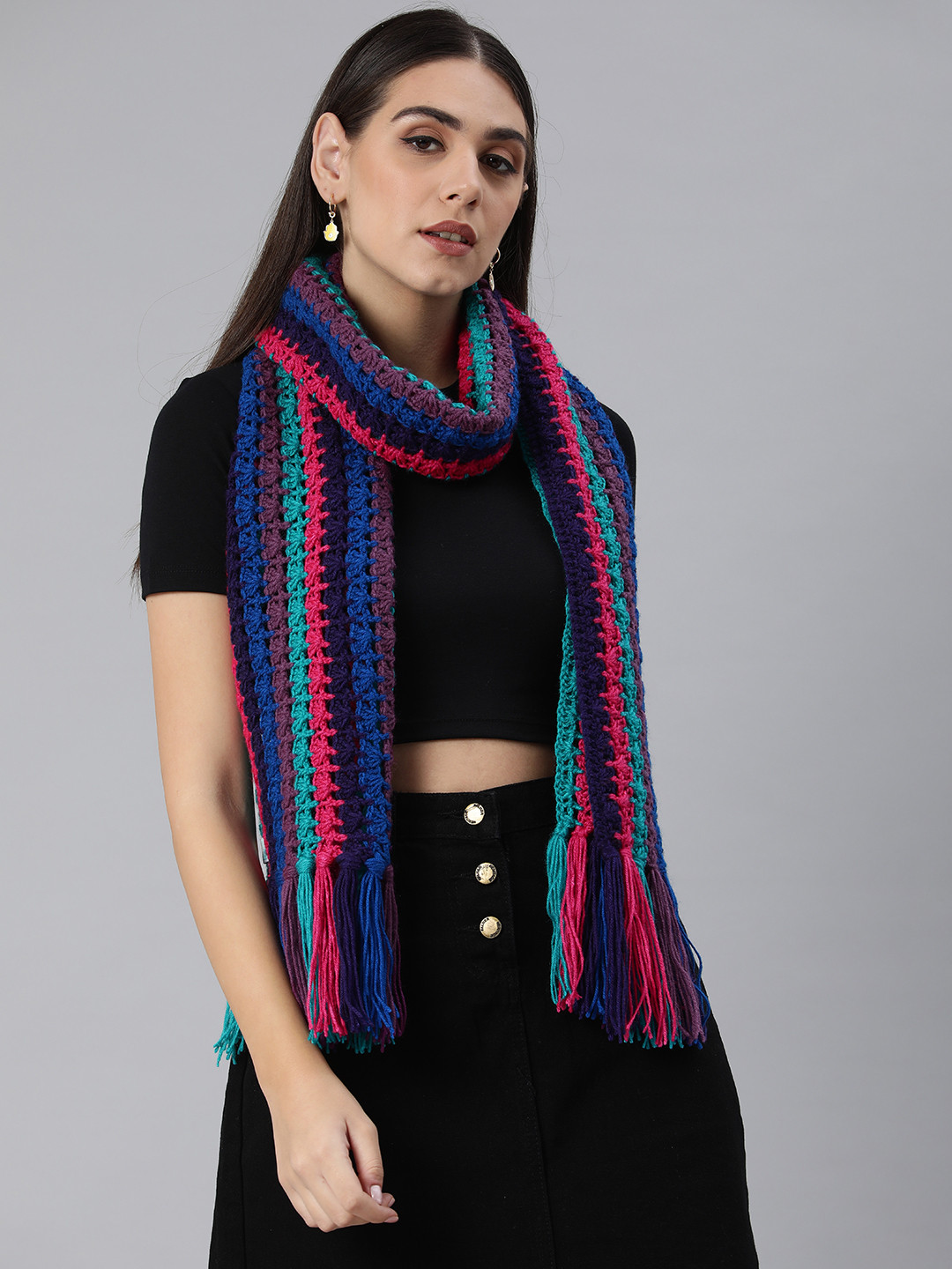 Magic Needles Women Blue & Pink Striped Crochet Scarf