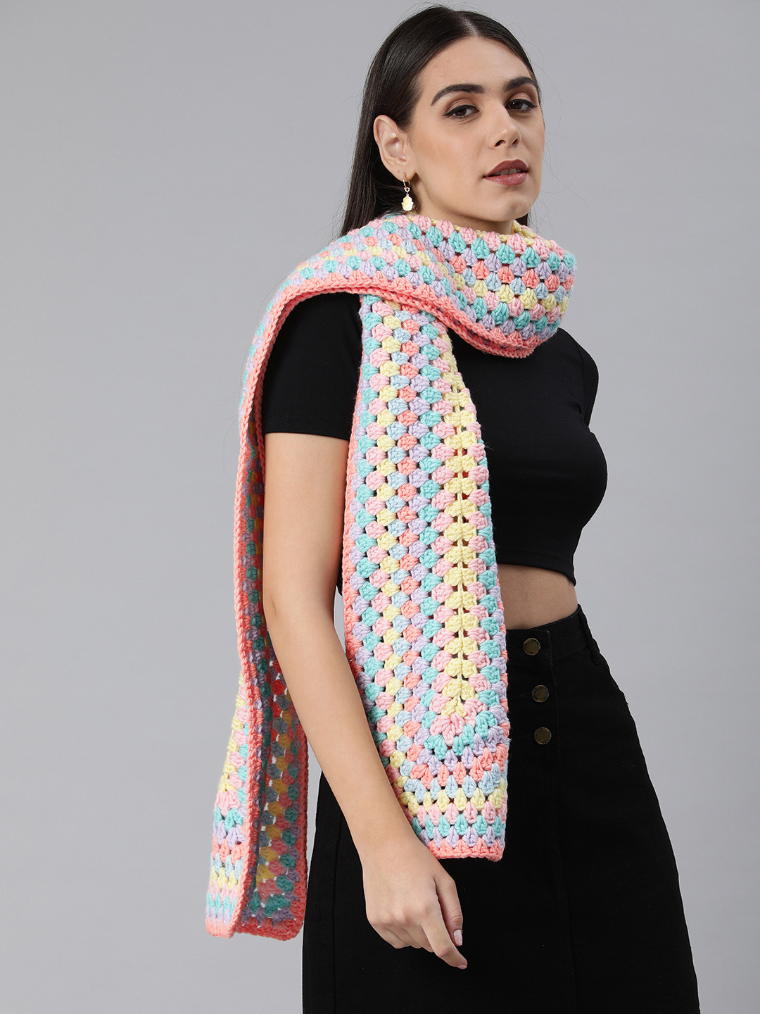 Magic Needles Women Blue & Yellow Crochet Scarf