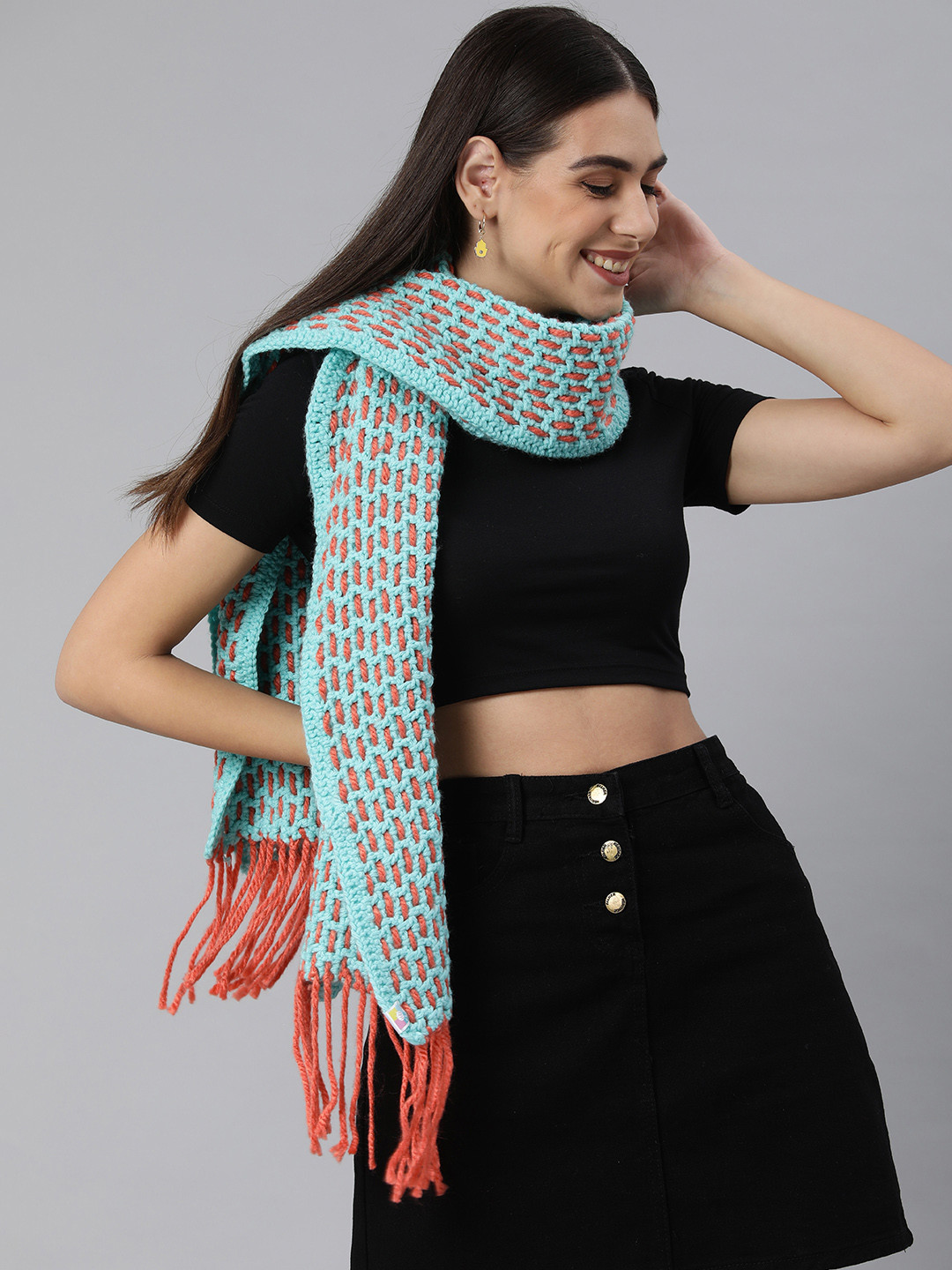 Magic Needles Women Green & Orange Crochet Scarf