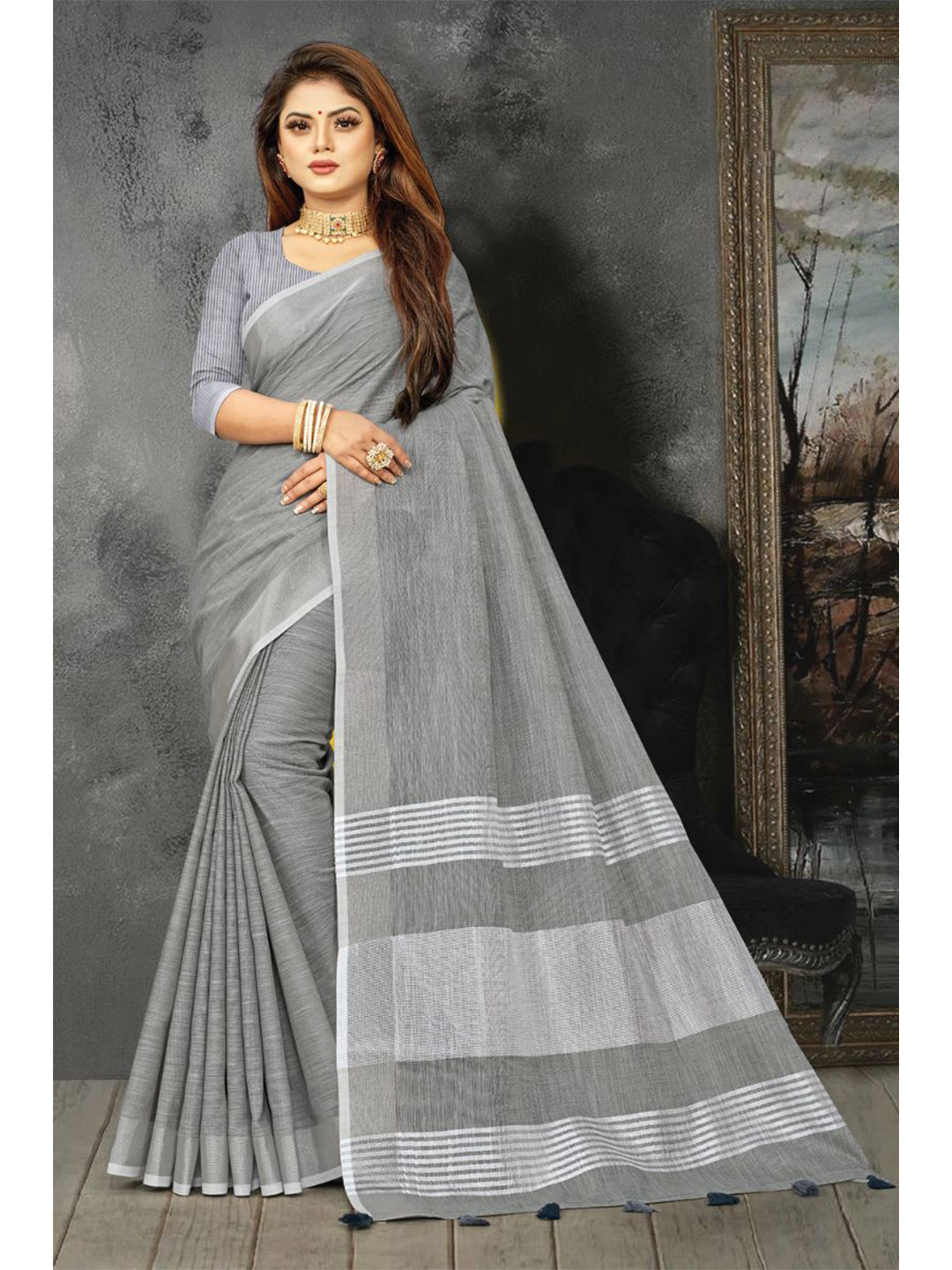 KARAGIRI Grey Linen Blend Saree