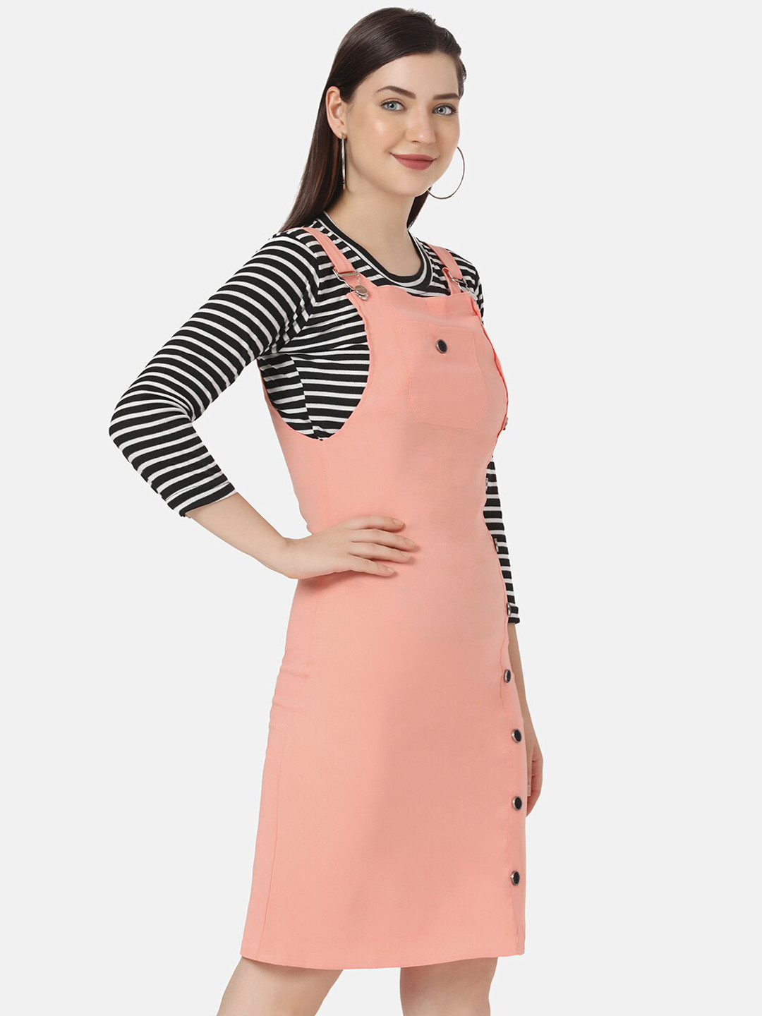 BUY NEW TREND Peach-Coloured Solid Dungaree Dress With Striped Tshirt
