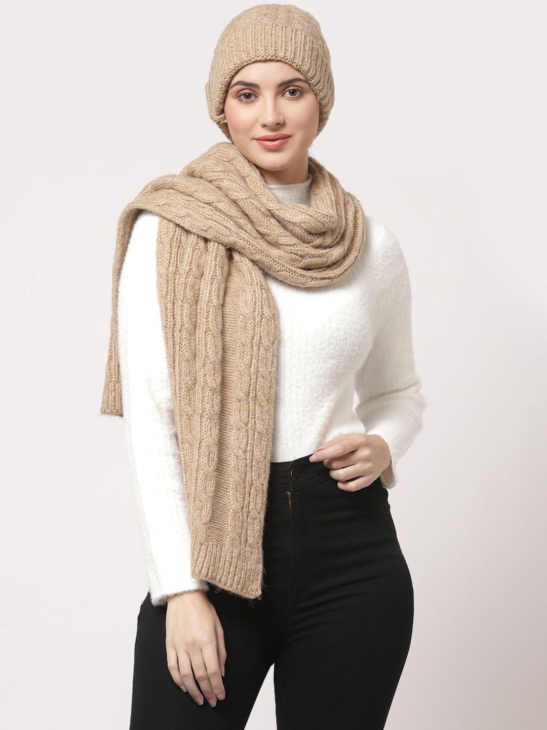 513 Women Camel Brown Self Design Mufflers With Cap