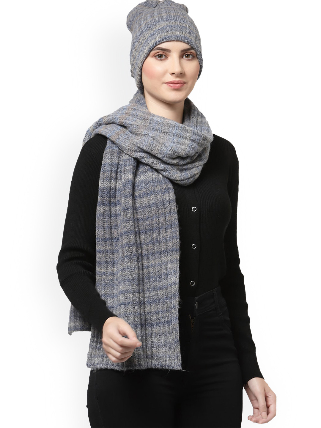 513 Women Blue & Grey Knitted Cap & Mufflers