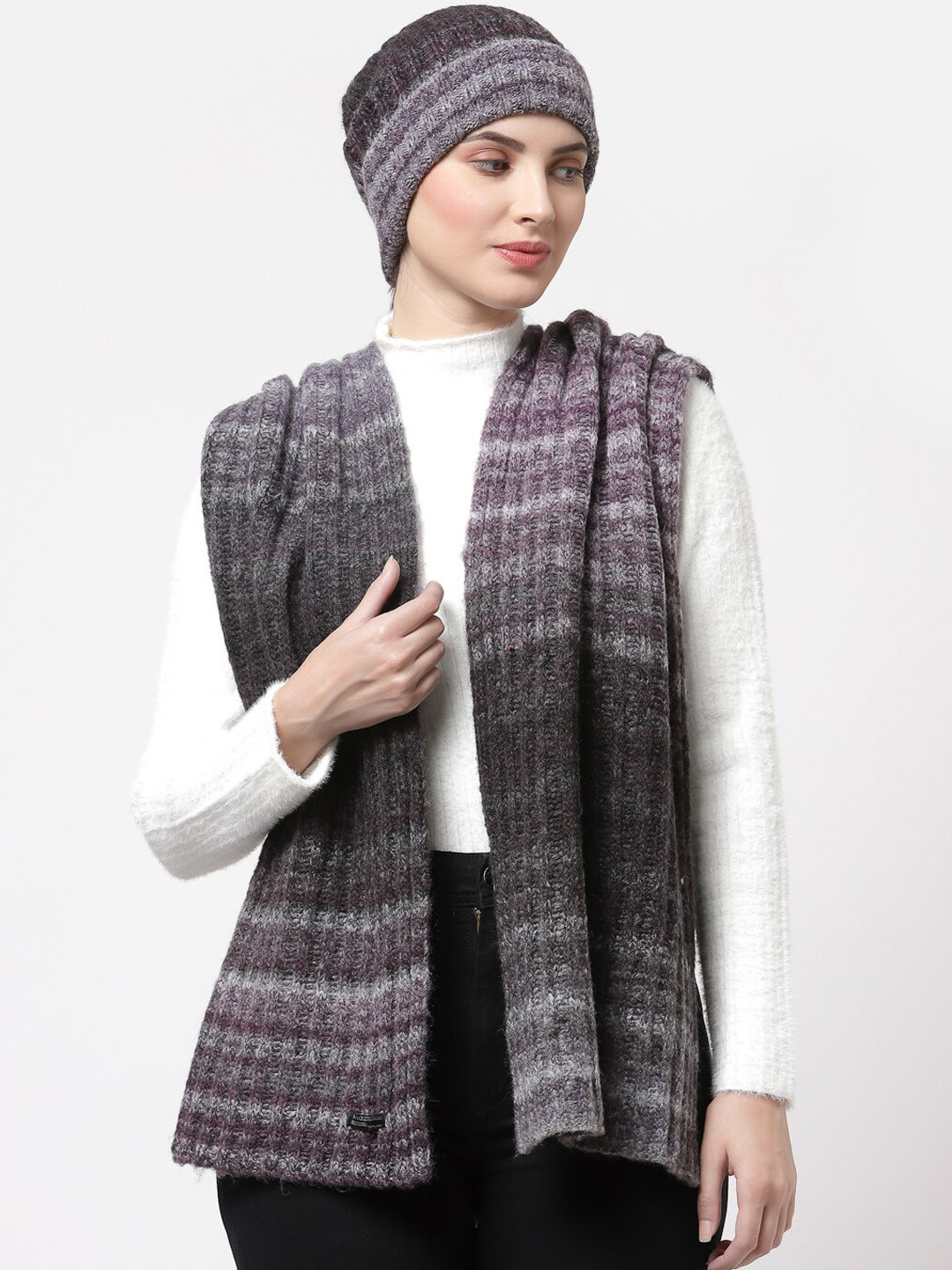 513 Women Purple Self Design Knitted Mufflers & Cap