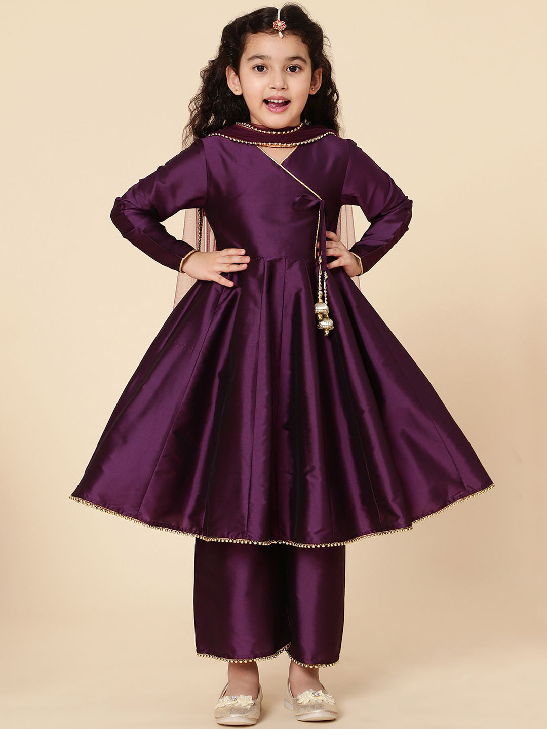 A T U N Girls Purple Angrakha Kurti with Trousers