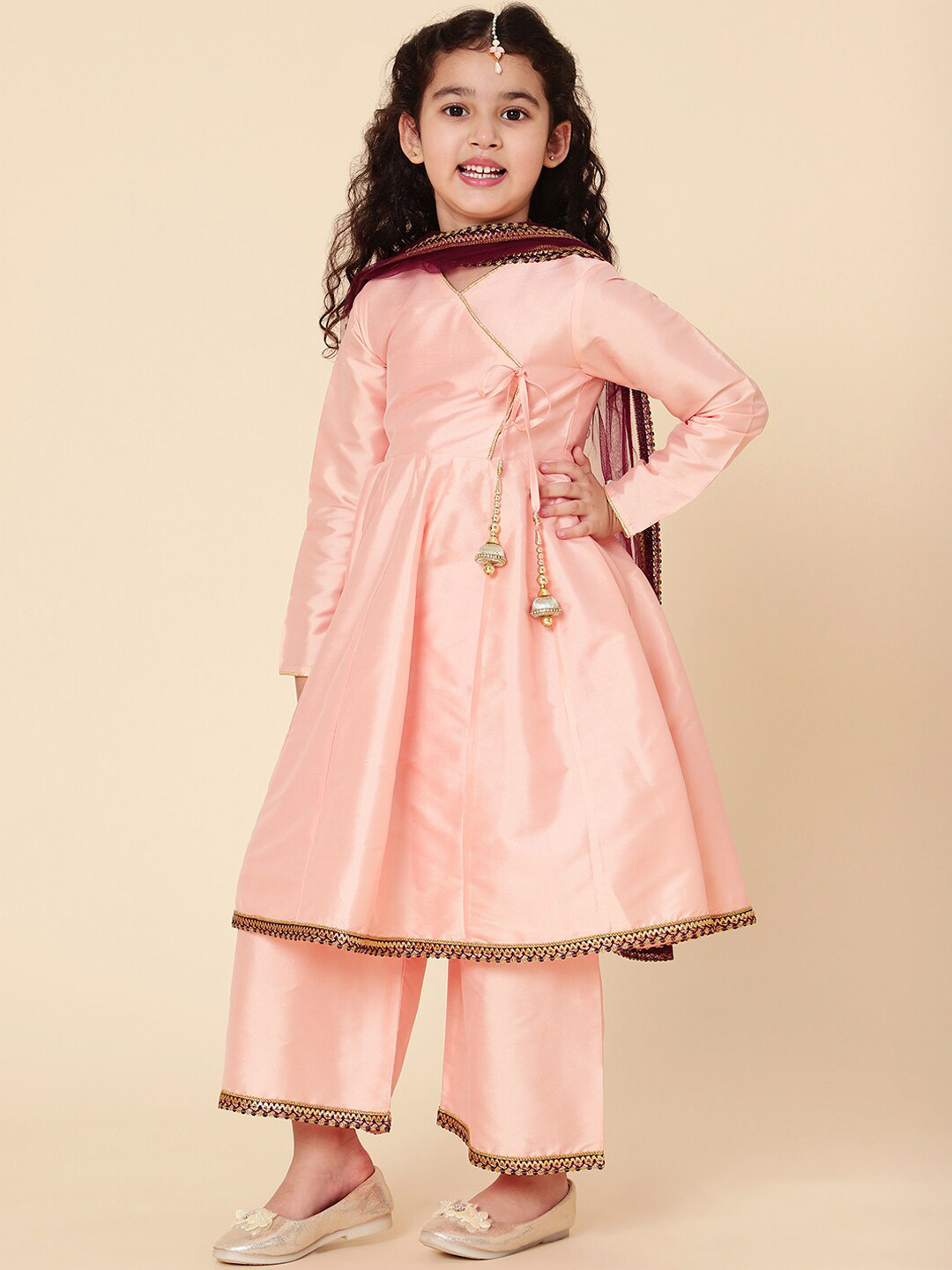 A T U N Girls Peach-Coloured Angrakha Kurta with Palazzos Set