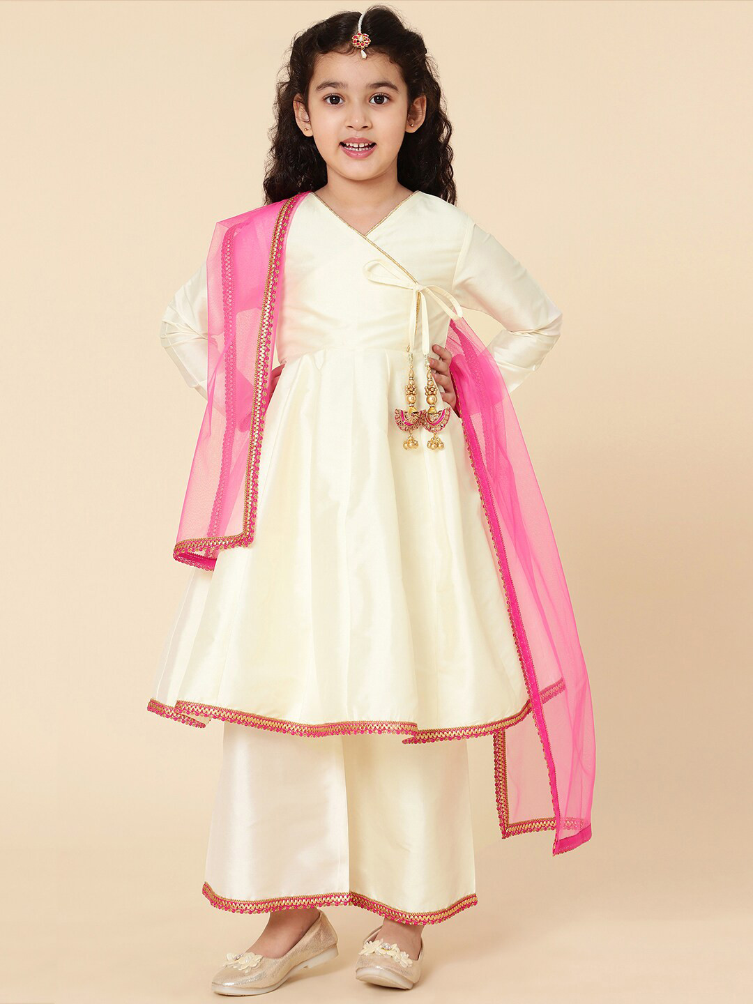 A T U N Girls Cream-Coloured Kurti with Palazzos & Dupatta