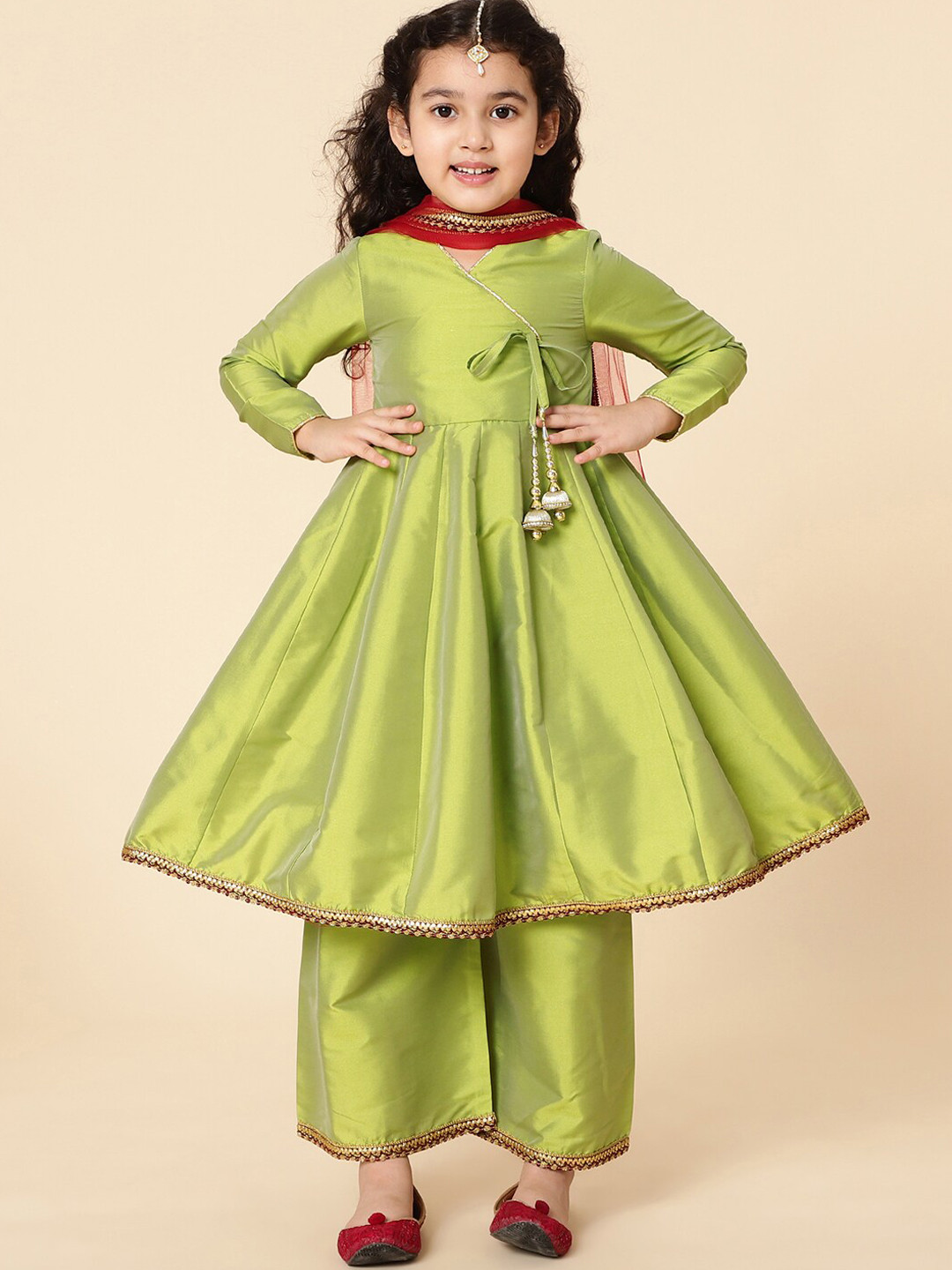 A T U N Girls Lime Green Angrakha Kurta with Trousers & With Dupatta