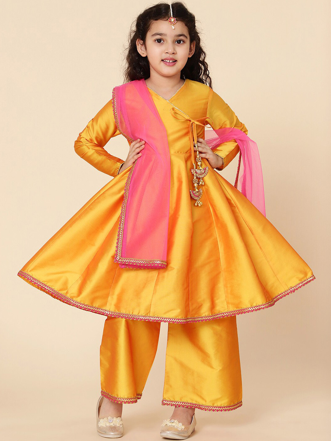 A T U N Girls Yellow Angrakha Kurta with Palazzos Set