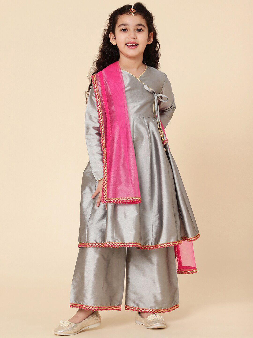 A T U N Girls Silver-Toned Angrakha Kurti with Salwar & With Dupatta
